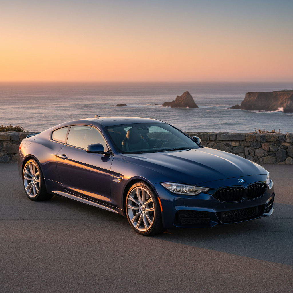 A meticulously detailed midnight-blue grand touring coupe parked at the edge of a coastal overlook, its paint showing subtle metallic flake and crisp body lines. The car sits on clean, brushed aluminum alloy wheels with performance tires, positioned on smooth asphalt with a low stone guardrail and distant ocean horizon. Golden hour sunlight rakes across the sheet metal, creating sharp highlights along the fenders and gentle reflections in the glass. The mood is contemplative and professional, evoking thoughtful automotive analysis. Photographic realism with a slightly elevated three-quarter front angle, shallow depth of field keeping the car tack sharp while the sea, sky, and coastline softly blur into the background.